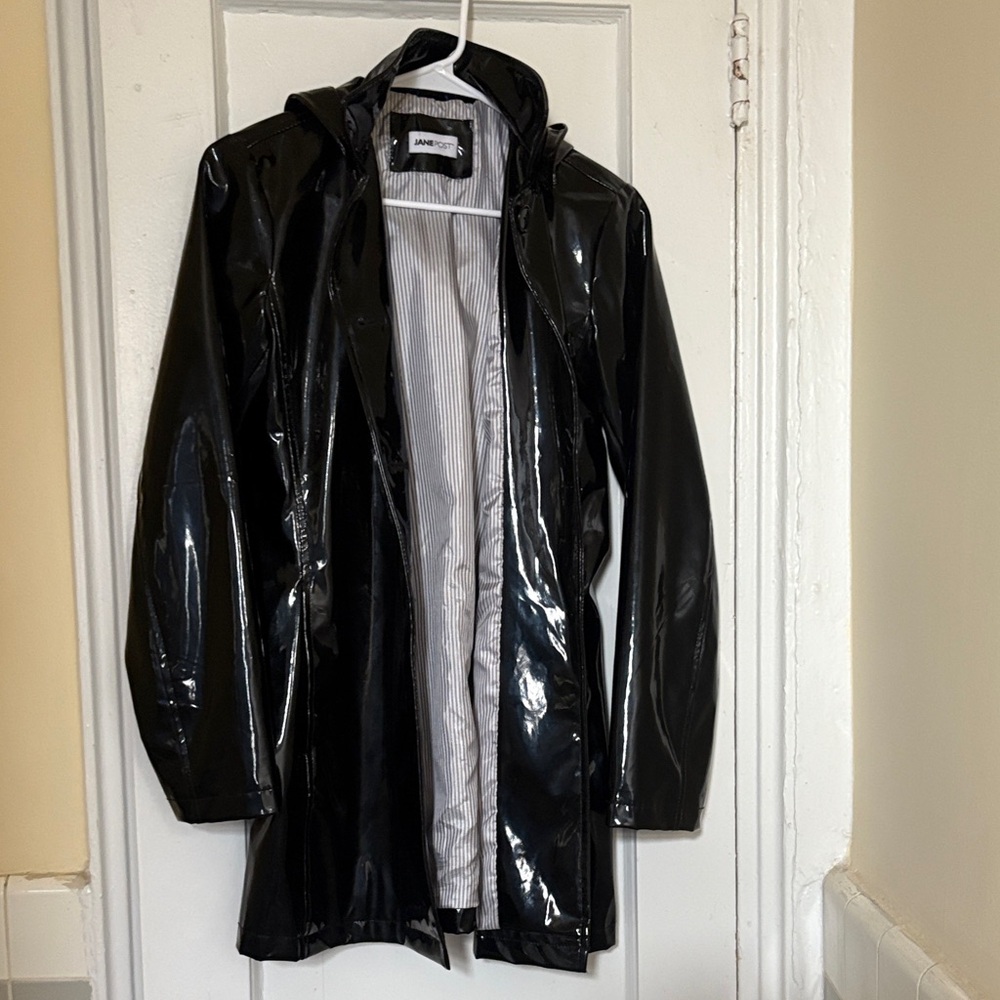 Jane Post Glossy Black Hooded Raincoat